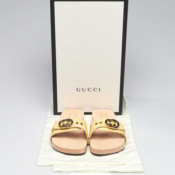 Gucci Light Yellow Leather Interlocking GG Wooden Slide Sandals Size 5 - Picture 1 of 5